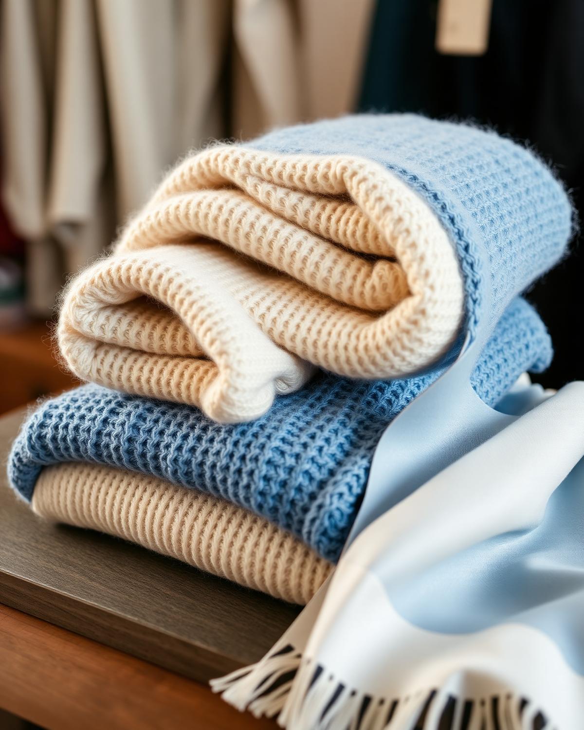 Folded knitwear and silk scarves in blue and cream tones