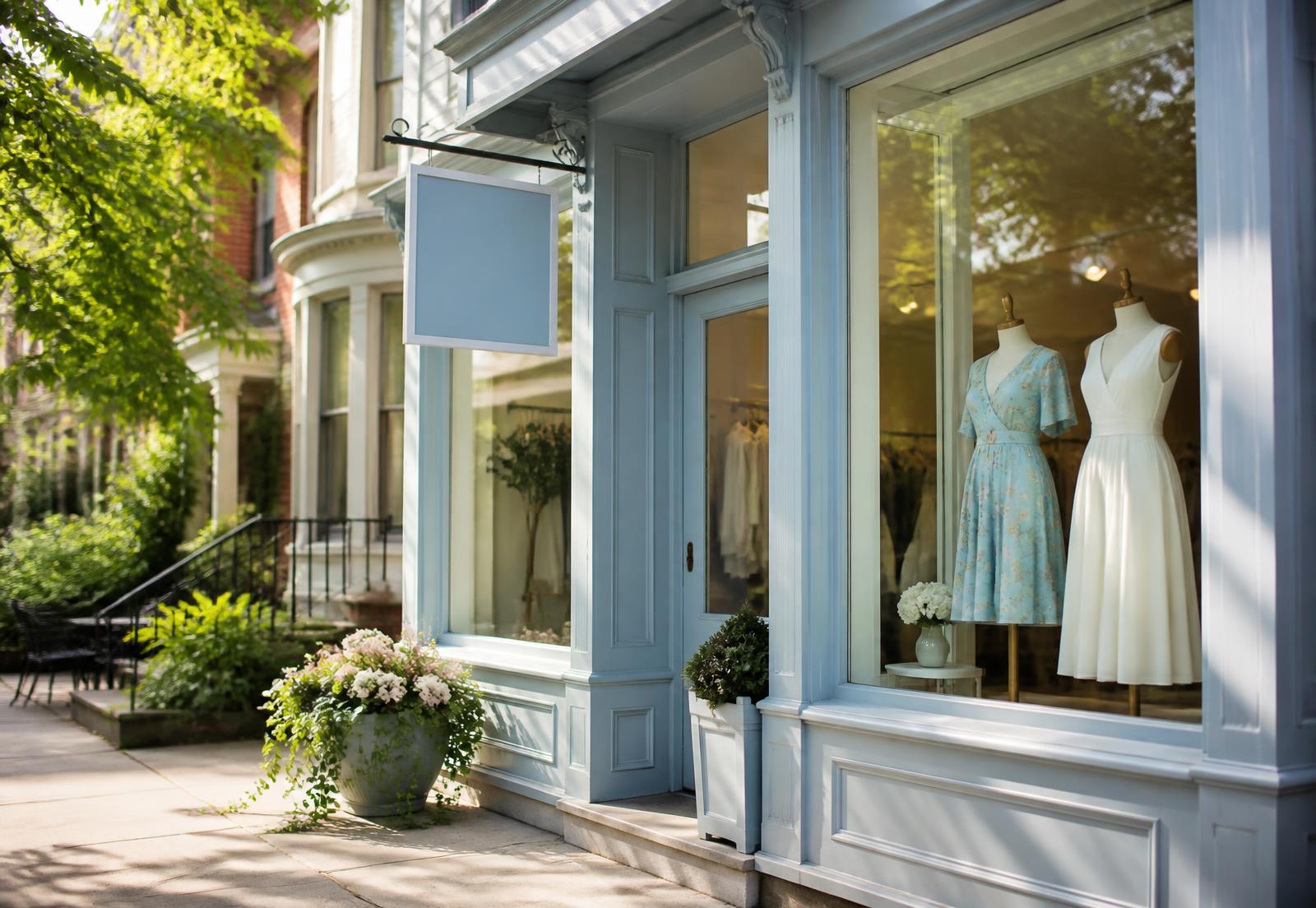Cornflower Blue storefront on a leafy Bayview street